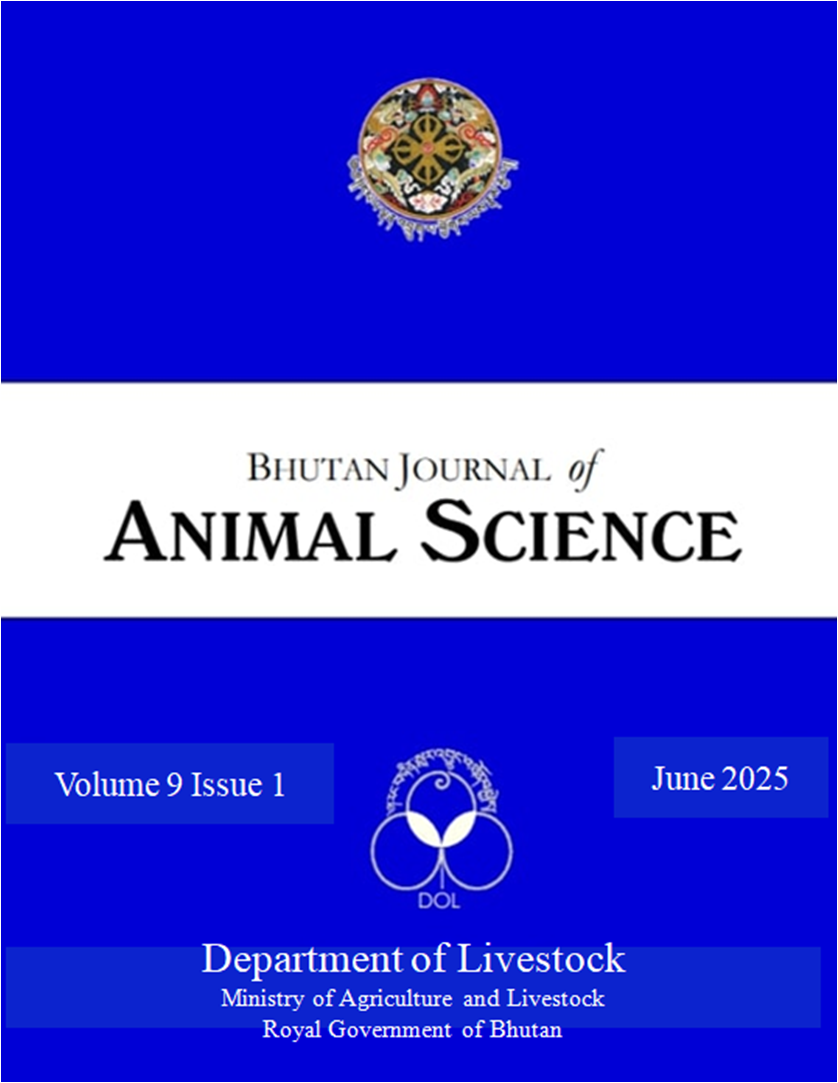 June 2025: Volume 9, Issue 1 of the Bhutan Journal of Animal Science (BJAS) features a collection of peer-reviewed scientific contributions, including original research articles, review papers, and a technical short communication. The issue addresses a range of topics with the overarching objective of strengthening national food and nutrition security. Central to this goal is the enhancement of livestock production system resilience, with emphasis on improving access to safe and nutritious animal-sourced foods. The published studies explore advancements in key thematic areas such as animal nutrition, breeding and genetics, animal health, climate-resilient practices, and agribusiness development. All submissions were subjected to a rigorous peer-review process and made available online via the Open Journal Systems (OJS) platform, facilitating the dissemination of evidence-based knowledge and innovations in animal science. Furthermore, the journal encourages the presentation of impact assessments from previous interventions, with the aim of deriving actionable insights to inform current and future livestock development programs. The journal is published and managed by National Livestock Research Centre, Bumthang.